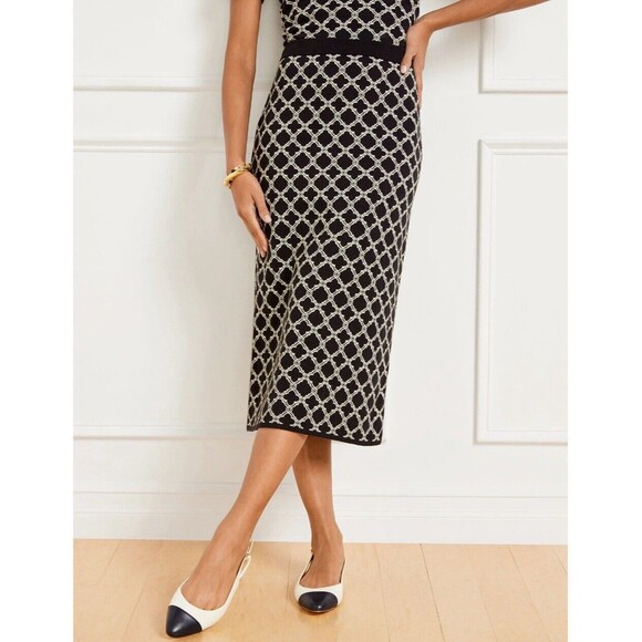 Talbots Lattice Jacquard Sweater Knit Straight Skirt Large Petite Black/White - Picture 1 of 6